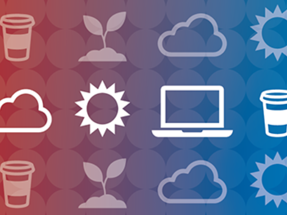 icons of sun, cloud, sprouting plant, lap top, disposable coffee cup