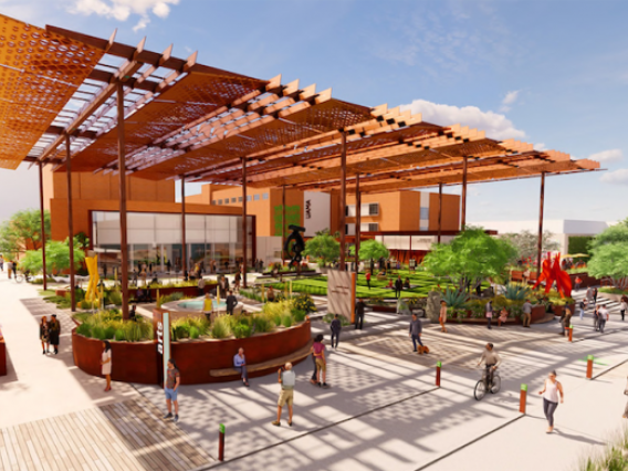 Rendering of the reimagined Arts Oasis, including a large canopy covering several grassy terraces to create a space for gathering and performances.