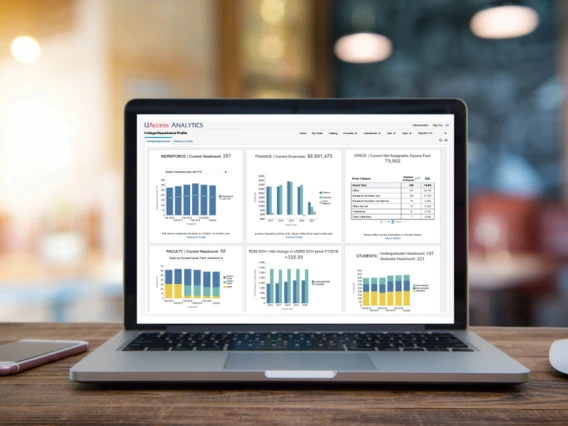 Laptop with graphs and carts showing on screen