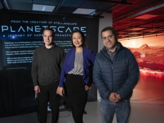 Peter Torpey, PhD, Yuanyuan Kay He, DMA, and Gustavo de Oliveira Almeida, PhD, used SensorLab equipment to create the interactive component of PlanetScape.