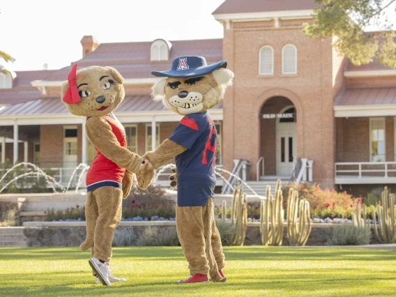 University of Arizona mascots, Wilma and Wilbur Wildcat, stand on a grassy lawn in front of Old Main, holding hands and smiling at the camera. Wilma is dressed in a red outfit with a bow on her head, and Wilbur wears a navy blue jersey and an 'A' logo hat. Behind them, fountains and cacti are visible in the landscaped area.