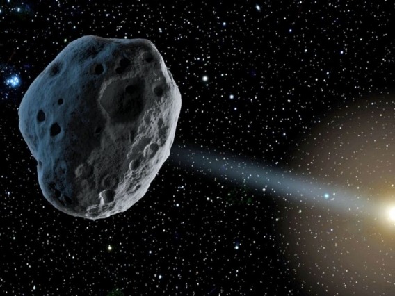 An artist’s conception of a near-Earth asteroid orbiting the sun.