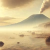 In this AI-generated illustration of Earth at the dawn of life, a distant volcano towers over a barren, shallow ocean shore. It is possible the earliest life forms evolved in such environments. 